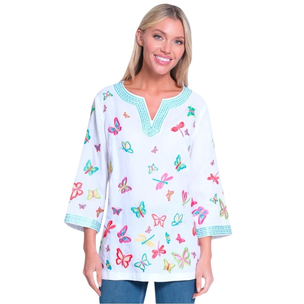John Mark White Tunic with Multicolor Butterfly Embroidery and Aqua Trim - Picture 2 of 10